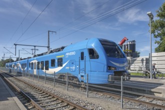 Regional railway, blue Arverio train, Kisslegg, Allgäu, Baden-Württemberg, Germany