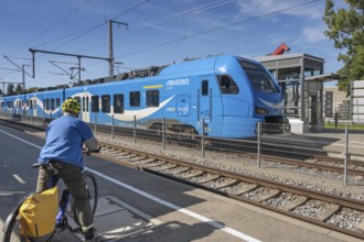 Regional railway, blue Arverio train, Kisslegg, Allgäu, Baden-Württemberg, Germany