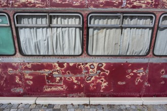 Sanded red paint, a rail bus from the 1950s is being renovated at the Spatz youth centre, Kisslegg,