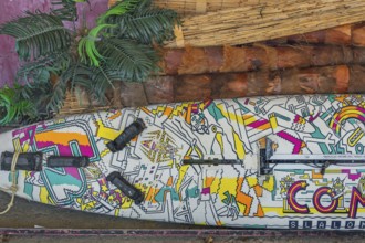 A pop-painted surfboard, Kisslegg, Allgäu, Baden-Württemberg, Germany