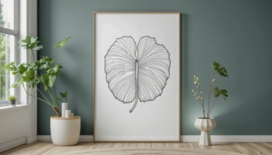 A modern interior showcases a large framed artwork of a leaf, complemented by lush green plants and