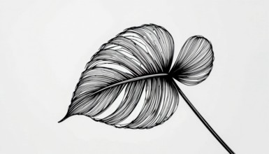 A detailed black and white illustration of a leaf with intricate line work, set against a clean