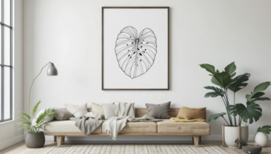 A cozy living room features a wooden sofa, framed botanical art, and lush green plants, creating a
