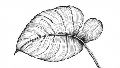 A stunning black and white illustration showcases a large tropical leaf with intricate line details