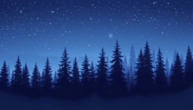 A tranquil scene of a forest at night, with silhouetted trees against a deep blue sky filled with