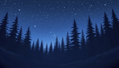 A serene night scene with silhouetted evergreen trees against a deep blue sky filled with twinkling