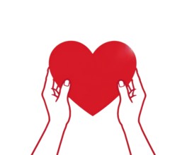 Two hands, drawn with a red outline, cradle a vibrant red heart against a clean white backdrop,