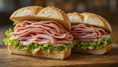 Two appetizing ham sandwiches are presented on a wooden surface, showcasing layers of ham, lettuce,