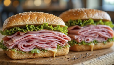 Two appetizing ham sandwiches are presented, showcasing layers of ham and crisp lettuce between