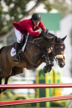 Sean Jobin of Canada, riding Sterrehof's Edinus competes in the 2025 Spruce Meadows Masters on
