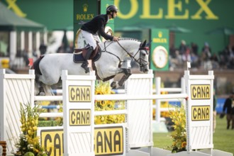 Roy Van Beek of Austria, riding Cavoiro-H Old, competes in the 2025 Spruce Meadows Masters on