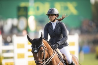 Alessandra Reich of Austria, riding Oeli R, competes in the 2025 Spruce Meadows Masters on