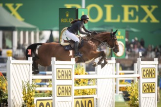 Alessandra Reich of Austria, riding Oeli R, competes in the 2025 Spruce Meadows Masters on