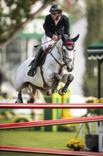 Roy Van Beek of Austria, riding Cavoiro-H Old, competes in the 2025 Spruce Meadows Masters on