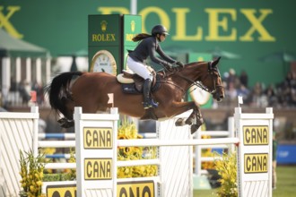 Alessandra Reich of Austria, riding Oeli R, competes in the 2025 Spruce Meadows Masters on