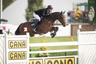 Max Kuhner of Austria, riding Elektric Blue P, competes in the 2025 Spruce Meadows Masters on