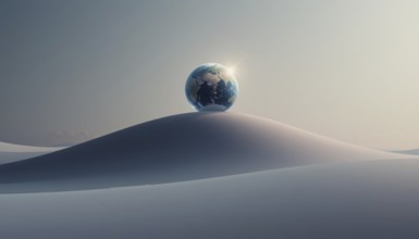 A conceptual image shows the Earth atop a desert dune, symbolizing environmental themes and global