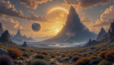 A breathtaking fantasy landscape features a majestic mountain range, a planet resembling Earth, and