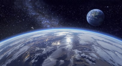 A stunning view of Earth from space, showcasing the planet's curvature, a distant planet, and the