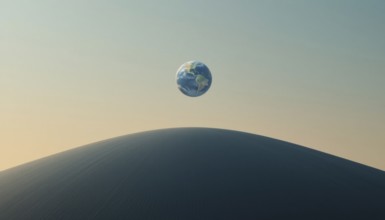 A surreal image shows planet Earth suspended in the sky above a large sand dune, evoking a sense of