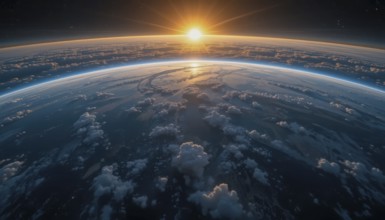 The breathtaking view of Earth from space captures the sunrise, with clouds and the atmosphere