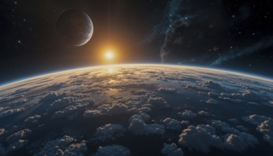 An awe-inspiring cosmic scene showcases a planet's horizon with a bright sun and a moon in the dark