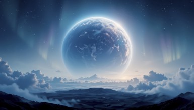 The image captures a stunning celestial scene with a large planet, vibrant aurora, and a serene