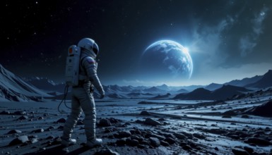 An astronaut stands on a rocky surface, looking towards a large planet rising in the distance, with