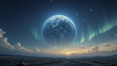 The image showcases a celestial scene with a glowing planet, vibrant aurora, and a serene landscape