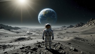 An astronaut stands on a desolate lunar surface, gazing towards Earth, which is prominently