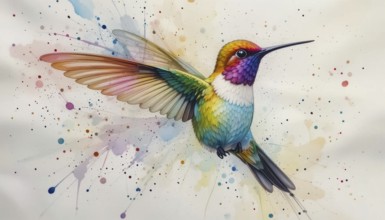A vibrant watercolor painting showcases a hummingbird mid-flight, its wings spread, and a rainbow