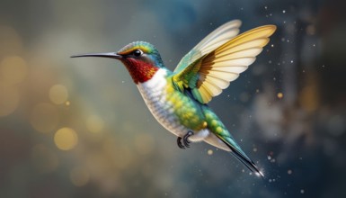 A vibrant hummingbird with iridescent feathers is captured mid-flight against a soft, blurred
