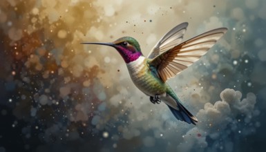 A vibrant hummingbird soars gracefully, its wings spread wide, set against a backdrop of soft