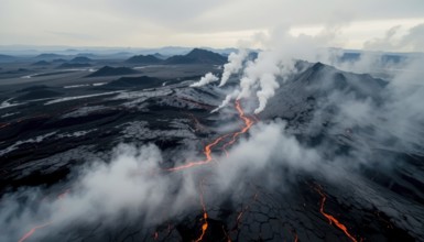 Dramatic aerial shot captures a volcanic eruption, showcasing molten lava rivers and plumes of