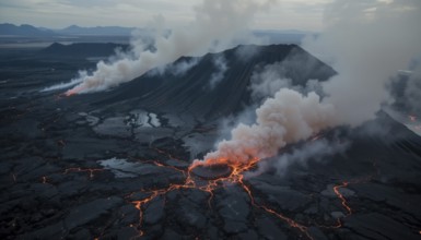 An aerial view captures a volcanic eruption, showcasing molten lava flows and billowing smoke