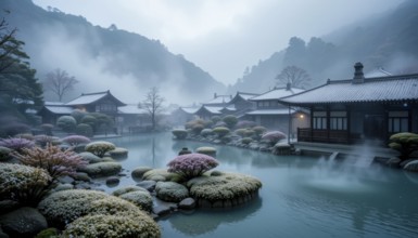 A tranquil scene unfolds in a Japanese garden, featuring traditional buildings, a serene pond, and