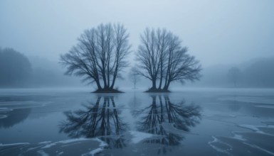 Two large trees stand on small islands in a frozen lake, their reflections mirrored in the icy