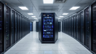 A modern data center showcases rows of server racks, illuminated by blue lights, creating a