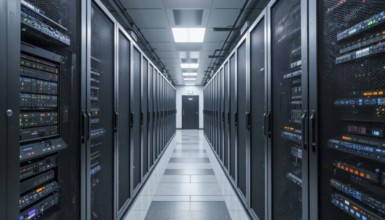 A long hallway in a data center is lined with server racks, with a door at the end. The servers are