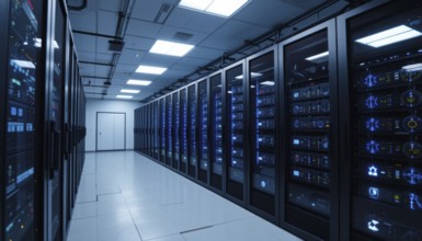 A modern data center featuring rows of server racks with blinking lights, showcasing technology and