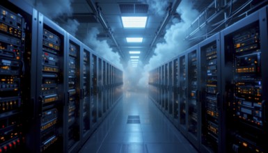 A futuristic data center with rows of servers and a dramatic atmosphere created by smoke or fog,