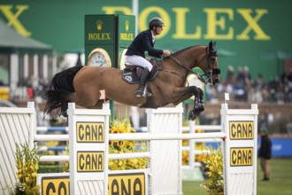 Bertram Allen of Ireland, riding Qonquest De Rigo competes in the 2025 Spruce Meadows Masters on