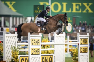 Bertram Allen of Ireland, riding Qonquest De Rigo competes in the 2025 Spruce Meadows Masters on