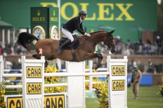 Kristaps Neretnieks of Austria, riding Valour competes in the 2025 Spruce Meadows Masters on