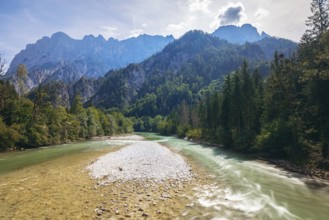 Enns with gravel bank surrounded by wooded banks, Reichenstein group in the background, Gesäuse,