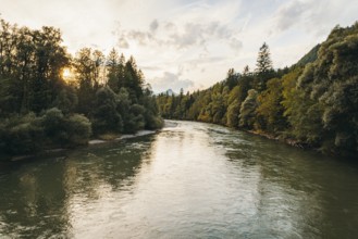 River landscape of the Enns at sunset with wooded banks, Admont, Styria, Austria