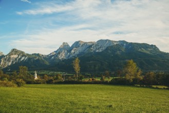 Landscape with green meadow and trees, Admonter Reichenstein group in the background, Weng im