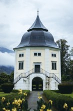 Baroque pavilion in the park of Admont Abbey under a cloudy sky, Admont, Styria, Austria
