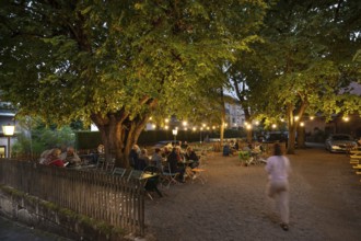 Illuminated garden restaurant in the evening, Erlangen, Middle Franconia, Bavaria, Germany