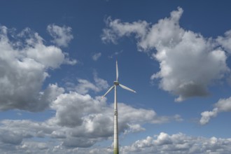 Wind turbine and cloudy sky, Karsberg, Upper Franconia, Bavaria, Germany
